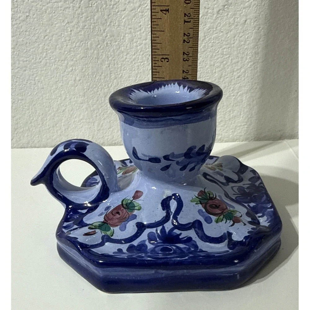 Vintage Portugal Hand Painted Ceramic Single Candle Holder Signed Handpainted‎